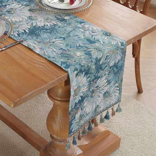 Image of ink flower american retro jacquard embroidered table runner - light luxury table mat 30cm x 180cm with tassels  ideal for luxury casual home interiors