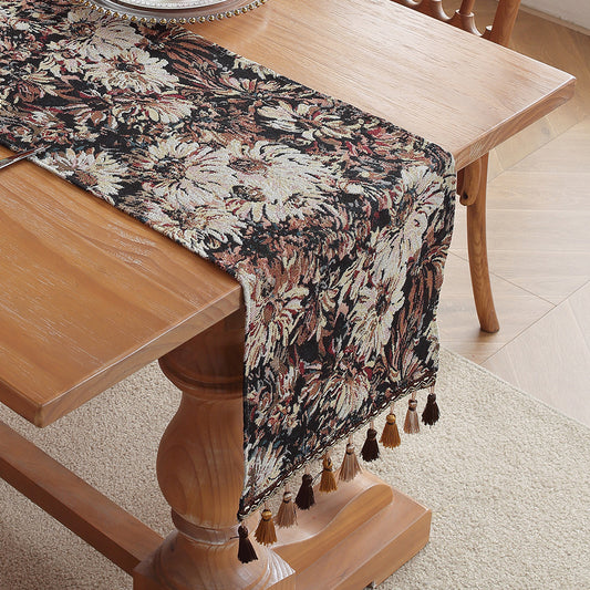 Image of camellia american retro jacquard embroidered table runner - light luxury table mat 30cm x 180cm with tassels  ideal for luxury casual home interiors