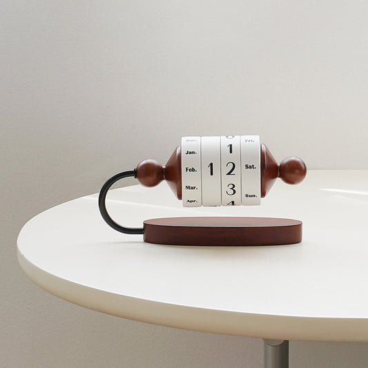Image of brown vintage wooden rotating perpetual calendar - manual roller desk decor, timeless date & day display for home & office  versatile for both home and professional use