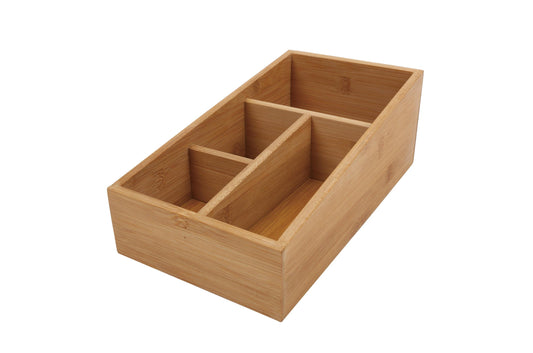 Image of bamboo storage box with 4 slots  suitable for aged care, corporate offices, and commercial settings